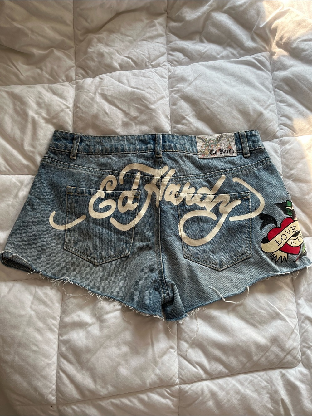 Ed Hardy Light Blue Denim Logo Cutoff Shorts with Heart Patch